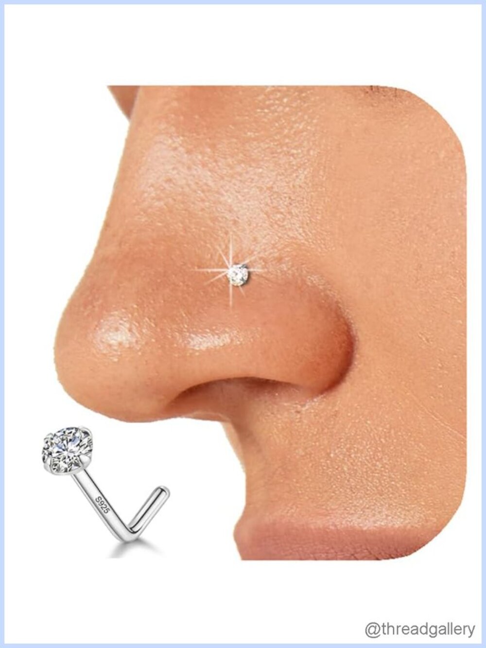 925 Sterling Silver L Shaped Nose Ring Stud 2mm CZ 18G-24G